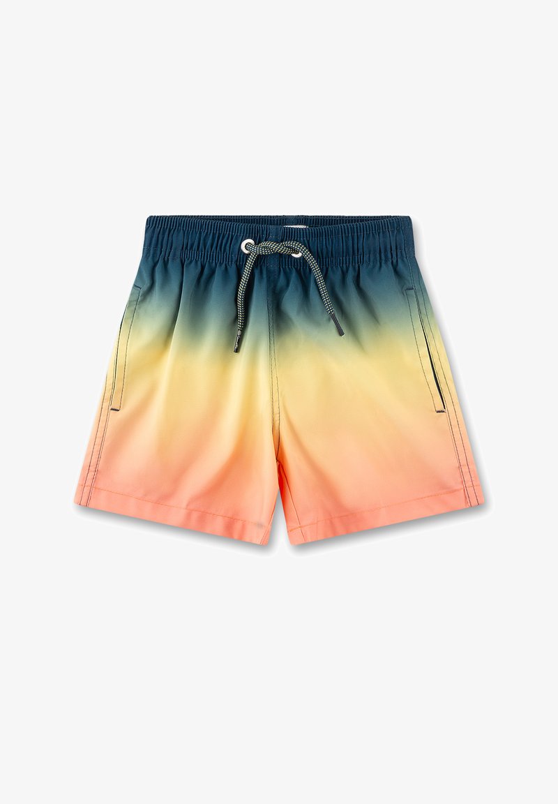 Shorts de bain au design ombragé avec des couleurs bleue, jaune et corail. Fabriqués en tissu léger avec une taille élastique et un cordon de serrage.