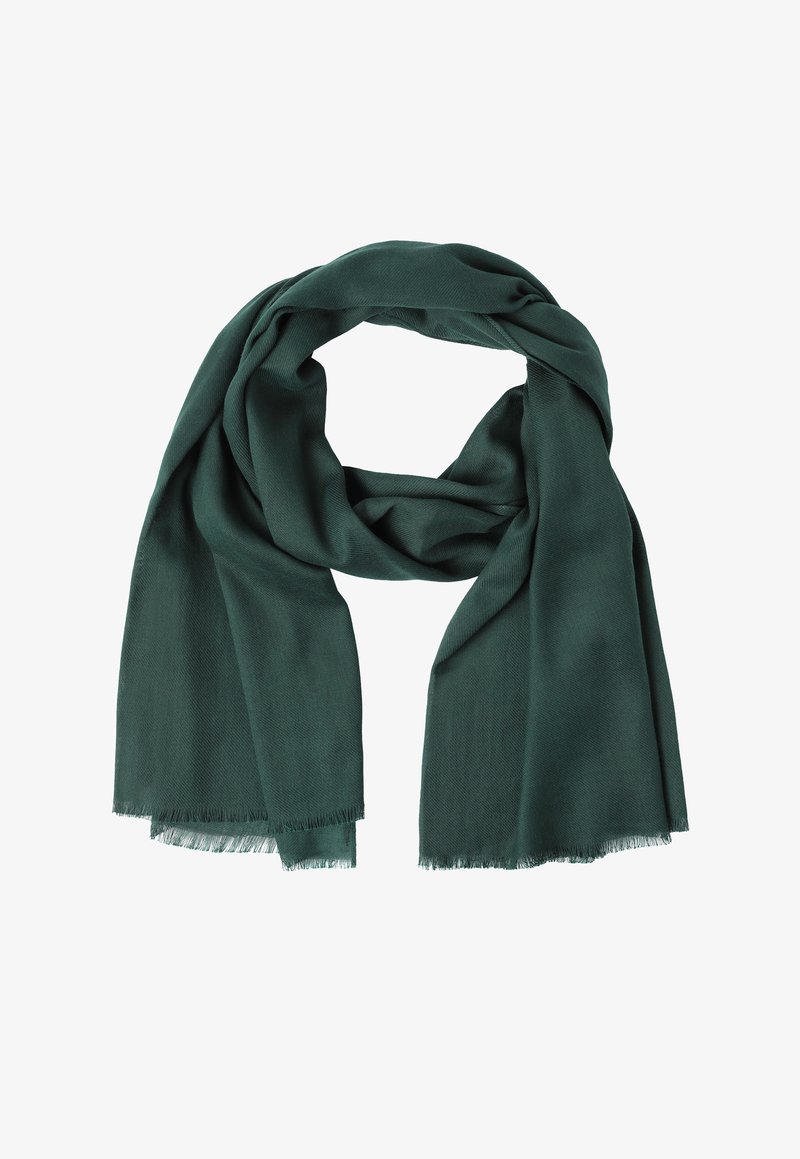 Sciarpa verde scuro realizzata in un tessuto morbido, caratterizzata da una superficie liscia e bordi frangiati. Sagomata a forma di anello per un indossamento facile.