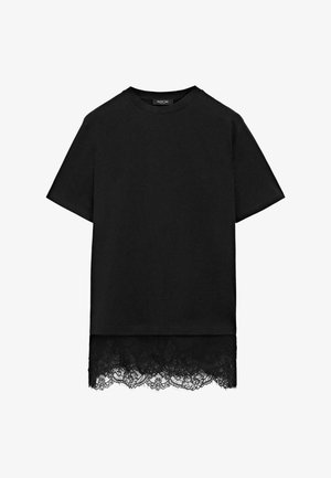 Black short-sleeve t-shirt with round neckline and black lace trim extending below the hem.