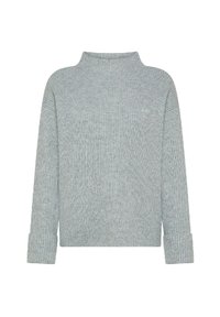 Maglione grigio chiaro a coste con collo alto e maniche lunghe. Tessuto morbido e polsini arrotolati. Vestibilità comoda con dettagli minimi.