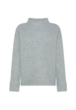 Maglione grigio chiaro a coste con collo alto e maniche lunghe. Tessuto morbido e polsini arrotolati. Vestibilità comoda con dettagli minimi.