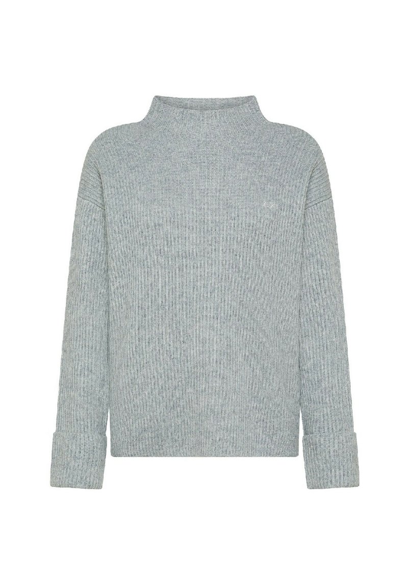 Maglione grigio chiaro a coste con collo alto e maniche lunghe. Tessuto morbido e polsini arrotolati. Vestibilità comoda con dettagli minimi.
