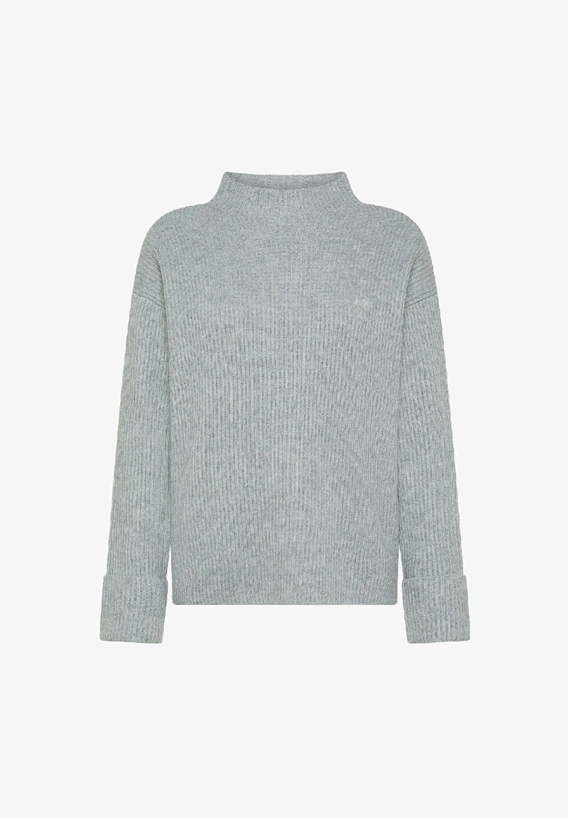 Maglione grigio chiaro a coste con collo alto e maniche lunghe. Tessuto morbido e polsini arrotolati. Vestibilità comoda con dettagli minimi.
