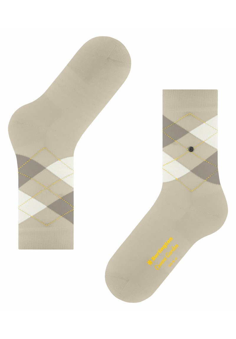 Beige sokker med et diamantmønster i lysegrå, mørkegrå og hvid med gule syninger. Inkluderer brandlogo i gult på sålen.