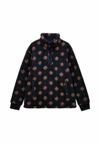 Fleece-Pullover in Navy mit pinkem und gelbem Blumenmuster, hohem Kragen, halbem Reißverschluss vorne und zwei Seitentaschen. Weicher, strukturierter Stoff.