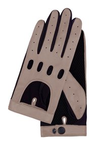 Beige und schwarze Lederfahrhandschuhe mit Belüftungsöffnungen, Druckknopfverschluss am Handgelenk und strukturierten Handflächen für besseren Grip.