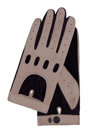 Leather driving gloves in beige and black with ventilation holes, wrist snap closures, and textured palms for grip.