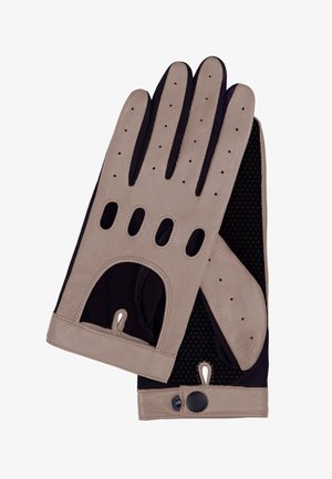Leather driving gloves in beige and black with ventilation holes, wrist snap closures, and textured palms for grip.