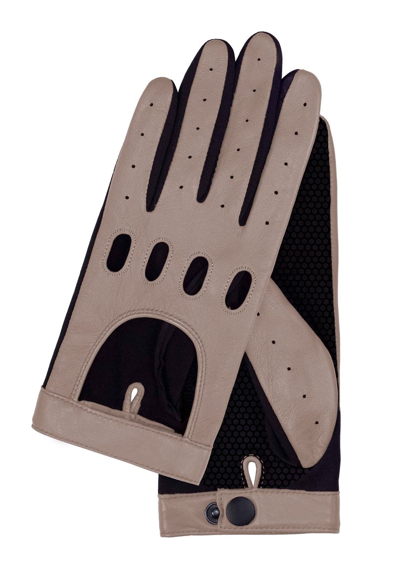 Beige und schwarze Lederfahrhandschuhe mit Belüftungsöffnungen, Druckknopfverschluss am Handgelenk und strukturierten Handflächen für besseren Grip.