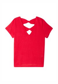Rotes T-Shirt mit kurzen Ärmeln und tiefem V-Ausschnitt, das ein einzigartiges gekreuztes Rückendesign mit Cut-Out-Details aufweist. Hergestellt aus weichem, leichtem Stoff.