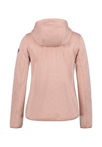 Veste en polaire à capuche rose clair avec un motif géométrique. Dotée de poignets et d'un ourlet côtelés, elle présente une texture lisse et une silhouette ajustée.