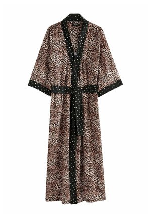 Robe en imprimé léopard réalisée en tissu doux, avec une finition noire et des accents étoilés dorés, complétée par une ceinture assortie. Manches larges arrivant aux coudes.
