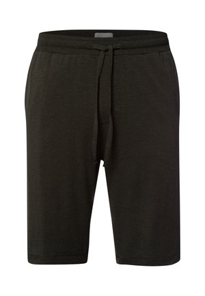 Dunkelgraue Shorts aus weichem Stoff, mit einem elastischen Bund und einem Kordelzug, knielanger Schnitt und ohne sichtbare Muster oder Akzente.