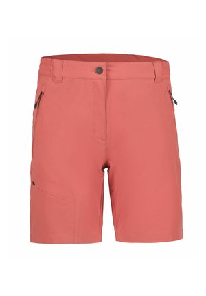 Casual korte broek in koraalkleur met elastische tailleband aan de zijkanten, sluiting met voorste knoop en rits, ritszakken aan de zijkant en een kleine met rits afsluitbare dijbeenzak.