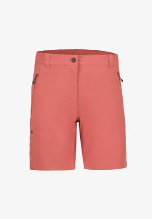 Casual korte broek in koraalkleur met elastische tailleband aan de zijkanten, sluiting met voorste knoop en rits, ritszakken aan de zijkant en een kleine met rits afsluitbare dijbeenzak.