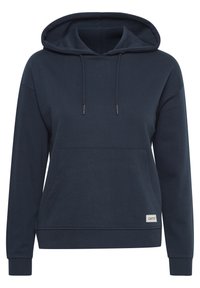 Mörkblå huvtröja med dragsko i huvan, framficka och ribbstickade ärmslut. Tillverkad av mjukt material med en avslappnad passform. Har en liten m ärkesetikett.