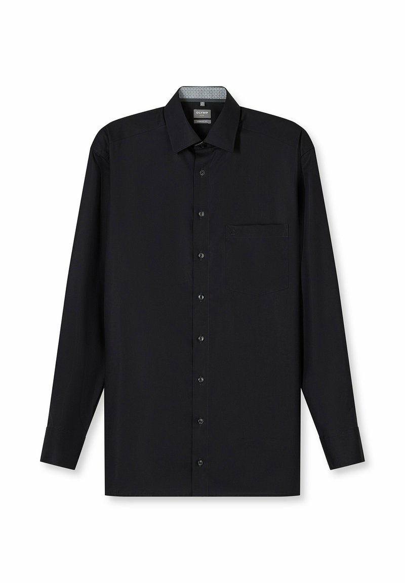 Black long-sleeve men's dress shirt with button-down front, pointed collar, and chest pocket, laid flat on a white background.