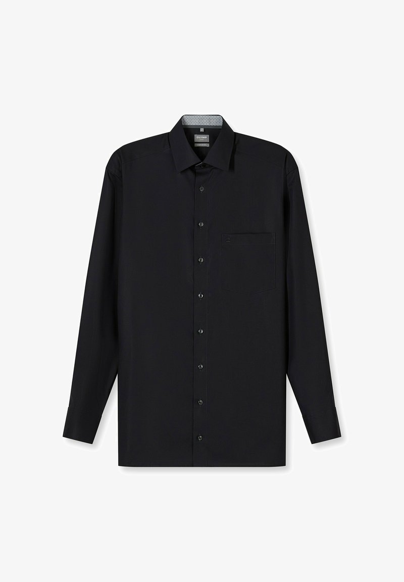 Black long-sleeve men's dress shirt with button-down front, pointed collar, and chest pocket, laid flat on a white background.