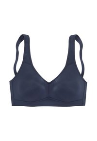 Navy blue bra with a seamless design, soft texture, wide straps, and a V-neck shape; elastic band under the bust for support.