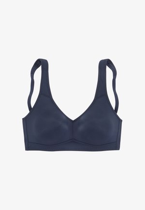 Marineblauer BH mit nahtlosem Design, weicher Textur, breiten Trägern und V-Ausschnitt; elastisches Band unter der Brust für Unterstützung.