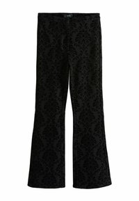 Pantaloni negri conici realizati dintr-un material texturat, decorati cu un model damasc. Designul include o talie netedă și picioare largi.