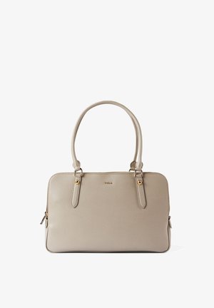Beige synthetische Handtasche mit zwei Obergriffen, Reißverschluss und goldfarbenen Beschlägen. Verfügt über eine glatte Textur und ein minimalistisches Design.