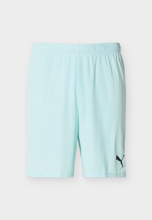 Lichtblauwe sportbroek met elastische tailleband en zwarte Puma-logo op het onderste deel van het rechterbeen tegen een effen achtergrond.