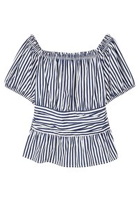 Haut à épaules dénudées avec des rayures verticales bleu marine et blanches, un col froncé, des manches bouffantes et un ourlet évasé avec une section taille ajustée.