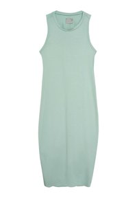 Miętowozielona sukienka bez rękawów, uszyta z miękkiego materiału. Posiada okrągły dekolt oraz dopasowany krój, kończący się tuż nad kolanem.