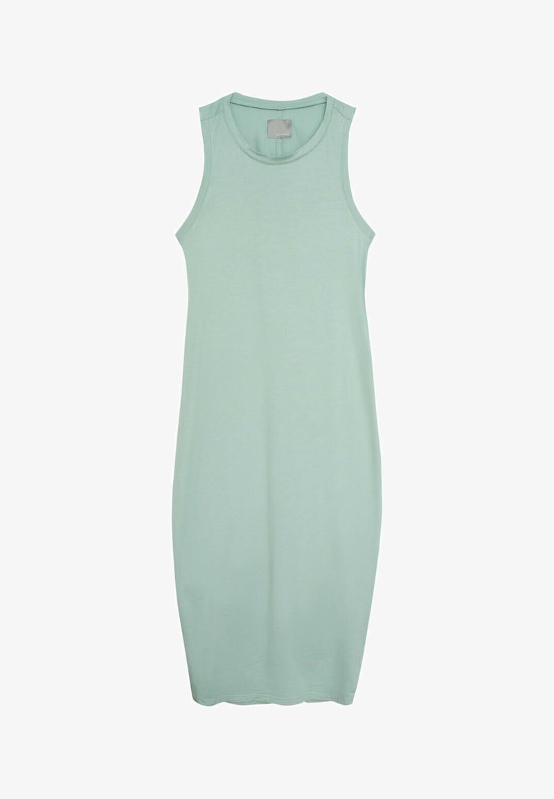 Miętowozielona sukienka bez rękawów, uszyta z miękkiego materiału. Posiada okrągły dekolt oraz dopasowany krój, kończący się tuż nad kolanem.