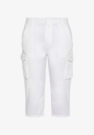 Weiße Cargoshorts bis zum Knie mit seitlichen Klappentaschen, vorderer Knopfleiste und Gürtelschlaufen, auf einfachem Hintergrund dargestellt.
