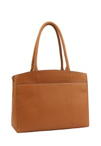 Tan lederen tote bag met twee lange handvatten, rechthoekige vorm, gladde textuur en subtiele stiksels aan de zijkanten.