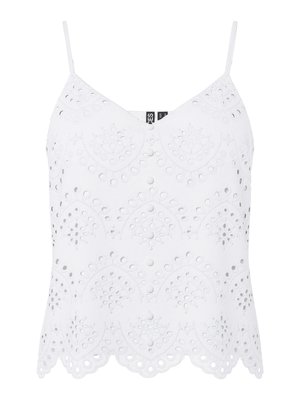 Weißes ärmelloses Top aus Lochspitze mit gewelltem Saum, vorne mit stoffbezogenen Knöpfen und verstellbaren dünnen Schulterriemen.
