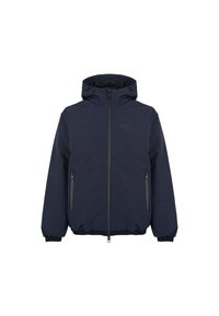 Marineblauwe hoodie met voorkant rits, twee ritszakken, elastische manchetten en de tekst "REFRIGIWEAR SINCE 1954" op de borst.