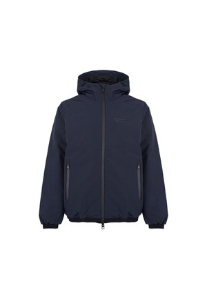 Giacca con cappuccio blu navy con zip frontale, due tasche con cerniera, polsini elasticizzati e testo "REFRIGIWEAR SINCE 1954" sul petto.