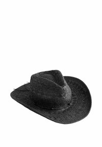 Zwarte strooien cowboyhoed met een brede rand, textuurweving en accentparels langs de onderrand. Kenmerkende vorm met omhooggebogen zijden.
