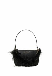 Borsa a tracolla in ecopelle nera con morbida bordatura di piume, chiusura con zip e spallaccio sottile. Logo visibile sul davanti.