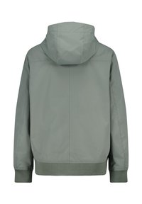 Light green hooded jacket with a smooth fabric finish, elastic cuffs, and a ribbed hem. Features a minimalistic design with no visible logos.