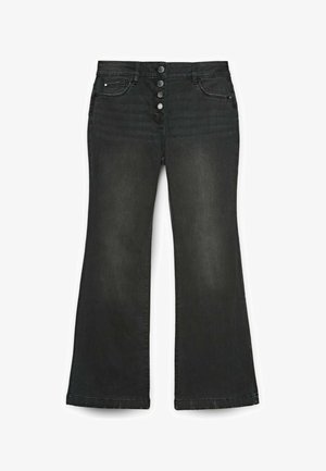 Jeans negre cu talie înaltă și picior larg, cu patru nasturi argintii, buzunare frontale și dorsale, și ușor decolorate pe coapse.