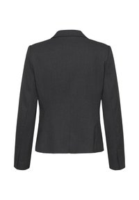 Fekete blézer hosszú ujjakkal, testre szabott kialakítással, éles reverekkel, texturált anyagból és fitted hátrésszel. Egyetlen szellőzőnyílással rendelkezik és nincsenek látható fémalkatrészei.