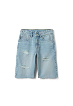 Lichtblauwe denimshorts met versleten stukken op de voorkant van de dijen, riemlussen, voorzakken en een rafelige zoom.