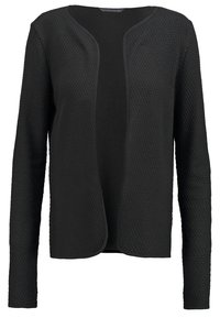 Černý cardigan s texturovaným hexagonálním vzorem, otevřeným předním designem, dlouhými rukávy a hladkým povrchem. Vhodný pro vrstvení.