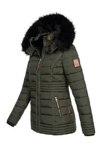 Chaqueta acolchada de color verde oliva con capucha de piel sintética negra desmontable, bolsillos laterales con cremallera y puños acanalados texturizados.