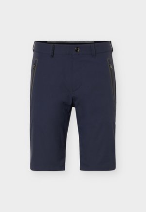 Shorts pour homme bleu marine avec passants de ceinture, bouton à l’avant, poches latérales zippées et coupe longueur genou sur un fond clair uni.
