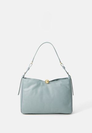 Light blue leather handbag with a smooth texture, a rounded gold clasp, and a single adjustable shoulder strap.