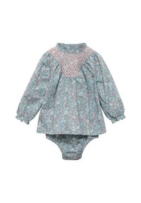 Langärmliger Babystrampler mit floralem Druck. Besitzt ein gerafftes Oberteil mit pinken Akzenten, einen runden Kragen und einen weichen, leichten Stoff.