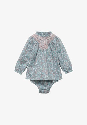 Langärmliger Babystrampler mit floralem Druck. Besitzt ein gerafftes Oberteil mit pinken Akzenten, einen runden Kragen und einen weichen, leichten Stoff.