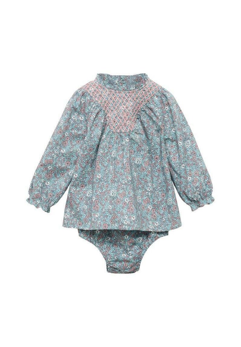 Bodysuit za dojenčke z dolgimi rokavi v cvetličnem vzorcu. Ima nabran trup z roza poudarki, okroglo ovratnico in mehak, lahek material.