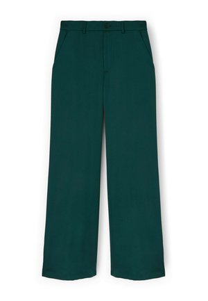 Dunkelgrüne, gerade geschnittene Hose mit Bund, Knopfverschluss und seitlichen Taschen, flach auf weißem Hintergrund dargestellt.