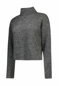 Maglione grigio corto con collo alto a coste, maniche lunghe e tessuto lavorato a maglia testurizzato; aspetto morbido e caldo con un motivo sottile.